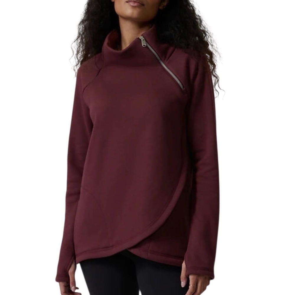 Athleta Kozy Karma Womens Asymmetrical Zip Fleece Sweatshirt Burgundy Small
